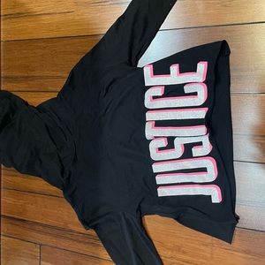 Black long sleeve shirt with hood and white glittery letters